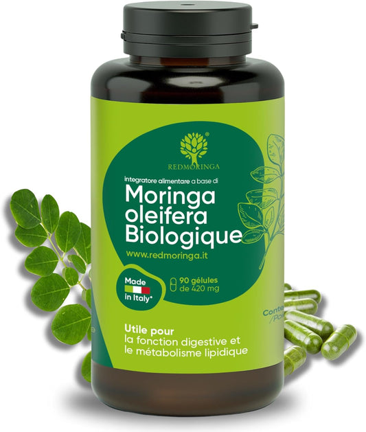 90 Gélules De Moringa Bio | La Seule Moringa Biologique Espagnole Produite En Italie | Véganes Sans Additifs | Super Antioxydant Riche En Vitamines Et Protéines Végétales | Haute Qualité